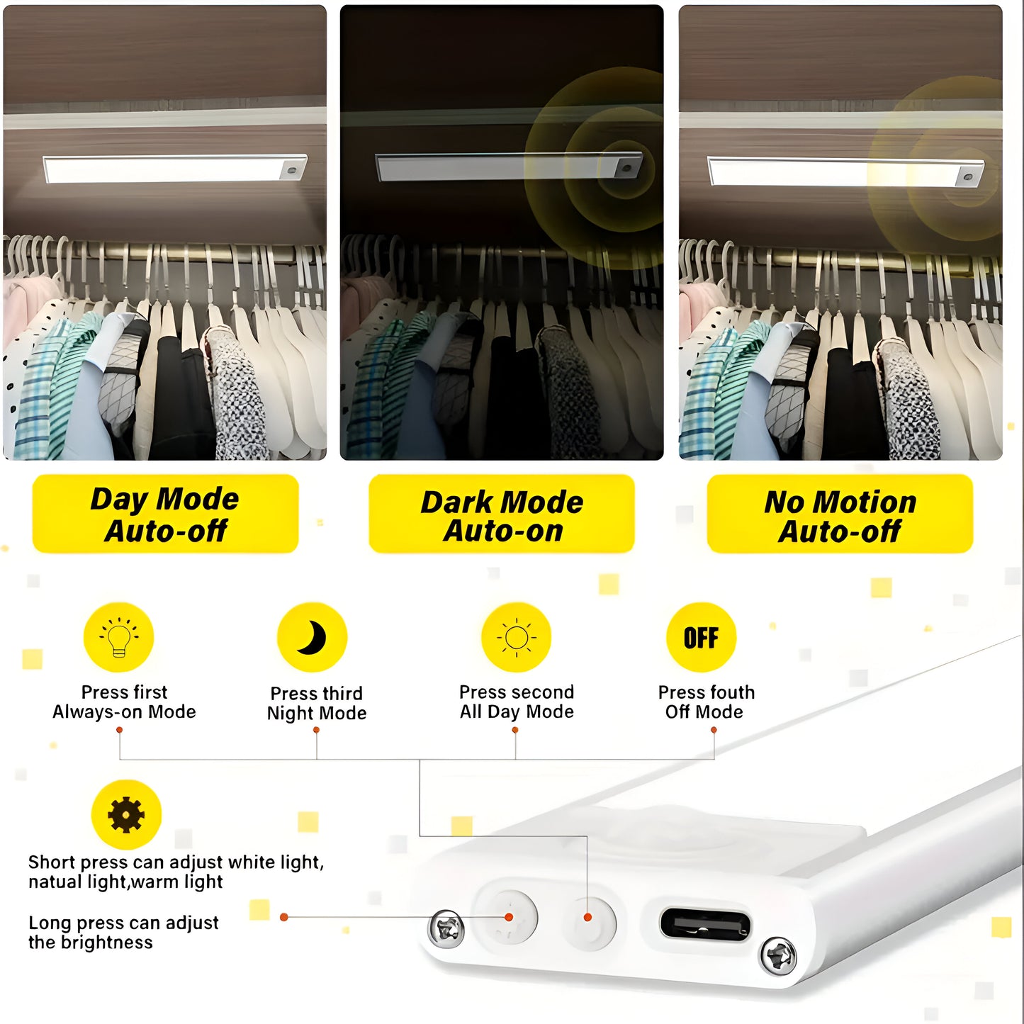 Wireless Motion Sensor Under Cabinet Lights - USB Rechargeable